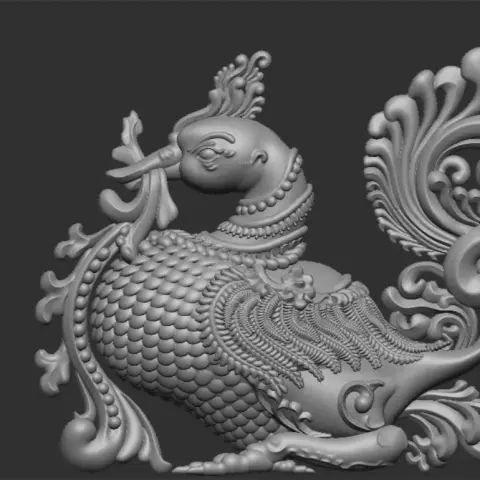 Intricate ornamental swan relief with elaborate feather and floral patterns for decorative 3D printing.