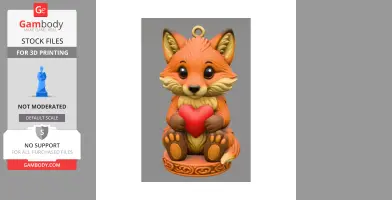 A cute fox figurine holding a red heart, sitting on a decorated base with a loop on top.
