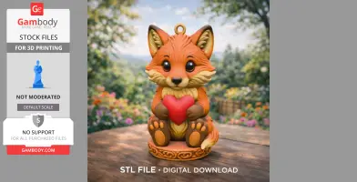 Cute fox figurine holding a heart pendant, sitting on a carved base with a nature backdrop.