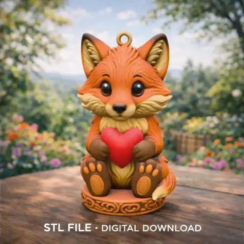 Cute fox figurine holding a heart, designed for 3D printing.