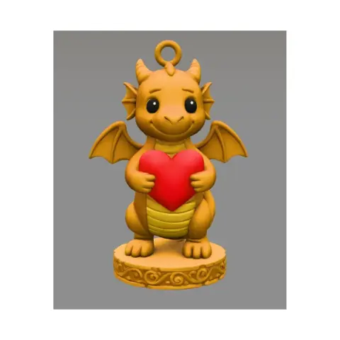 A cute dragon figurine holding a red heart, standing on a decorative base with a loop at the top.