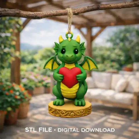 A cute dragon figurine holding a red heart, standing on a decorative base with a loop at the top.