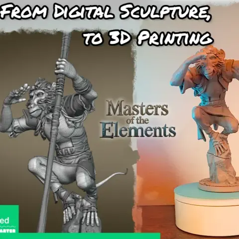 3D printed fantasy warrior with staff, detailed for elemental theme, shown digitally and physically.