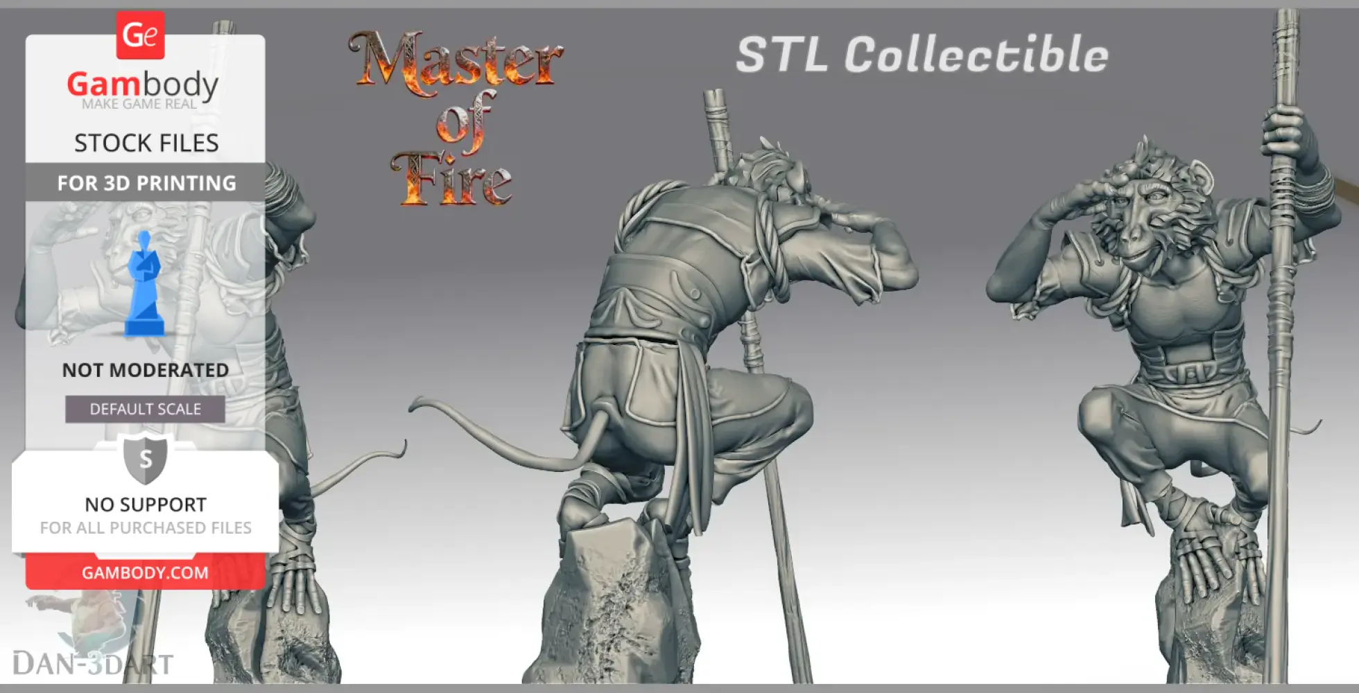 Monkey-like warrior posed dynamically with staff on a rock, ready for action.
