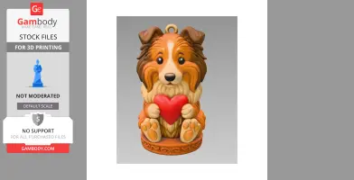 A cute dog figurine holding a red heart, designed for 3D printing.
