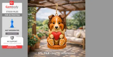 Cute 3D dog figurine holding a red heart, designed for 3D printing.