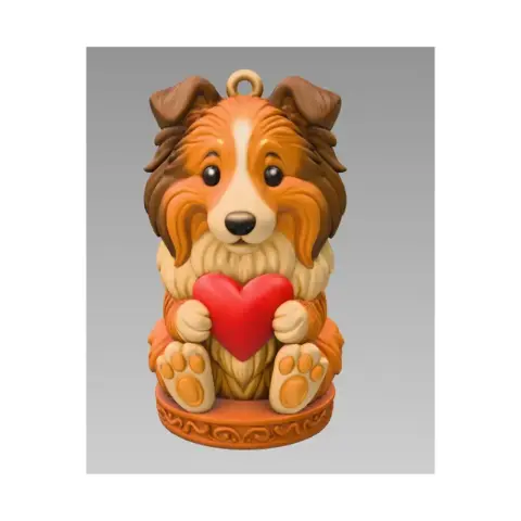 Cute dog figurine holding a red heart, designed for 3D printing as a Valentine ornament.