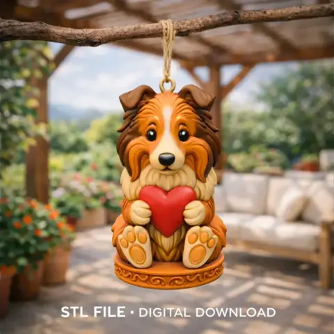 Cute dog figurine holding a red heart, designed for 3D printing as a Valentine ornament.
