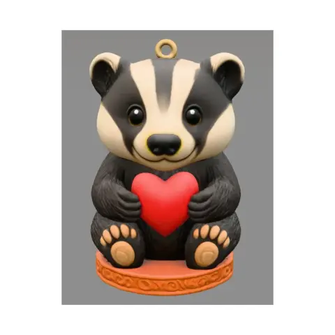 Adorable badger figurine holding a red heart, sitting on an ornate base, for 3D printing.