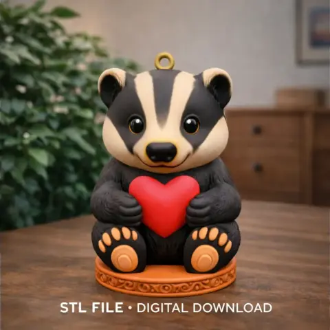 Adorable badger figurine holding a red heart, sitting on an ornate base, for 3D printing.
