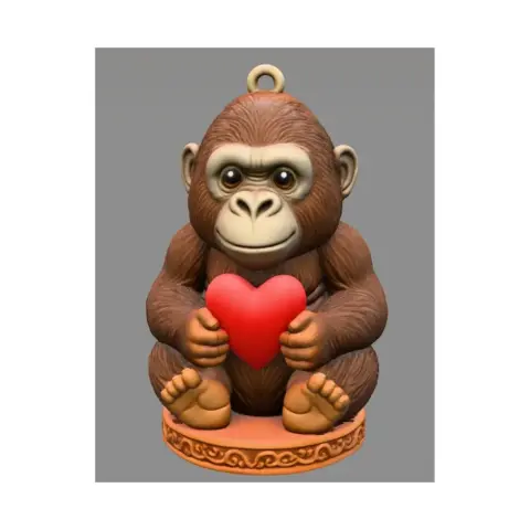 A cute gorilla figurine holding a red heart, sitting on a decorated base, designed for 3D printing.