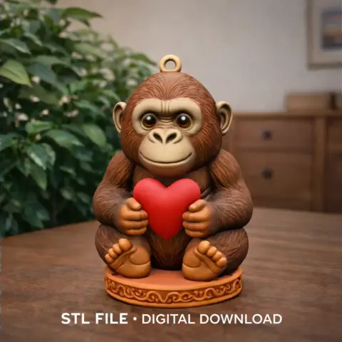 A cute gorilla figurine holding a red heart, sitting on a decorated base, designed for 3D printing.