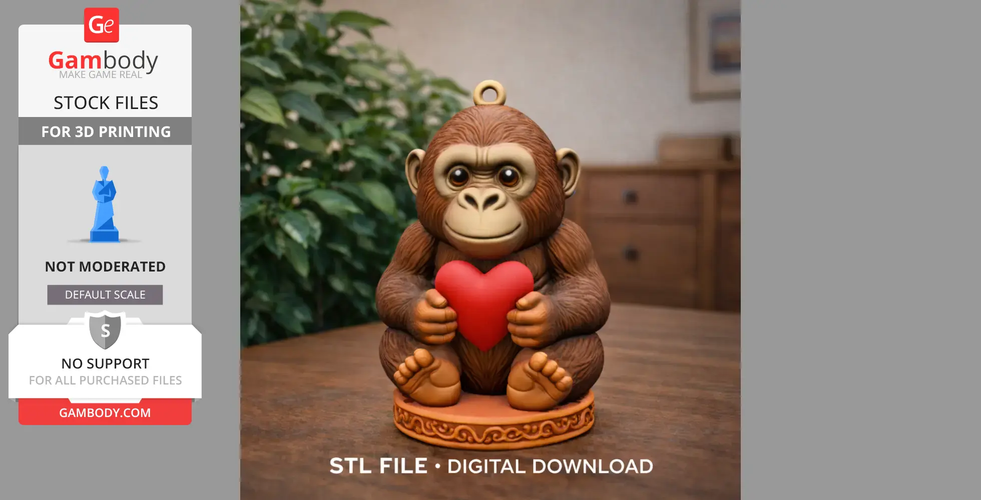 A cute gorilla figurine holding a red heart, sitting on a decorative base.