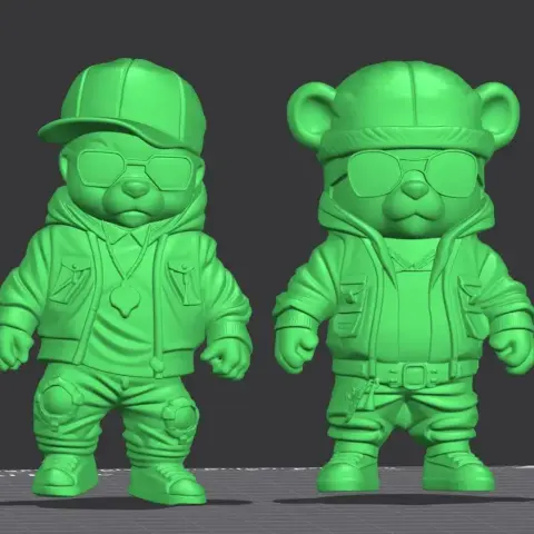 Two stylized bear figures in urban outfits, wearing sunglasses and hats.