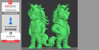 Stylish unicorn figures wearing sunglasses and urban clothing for 3D printing.