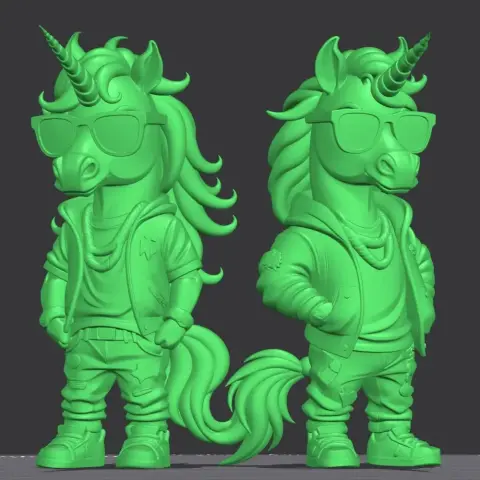 A stylish unicorn dressed in sunglasses, hoodie, and jeans, ready for 3D printing.