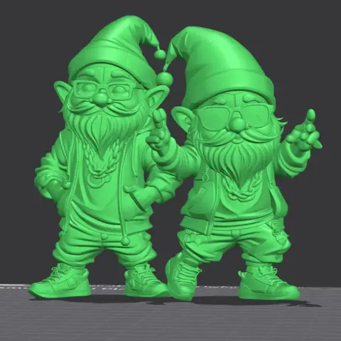 Two gnome figures in casual, urban attire with hats and glasses, striking playful poses.