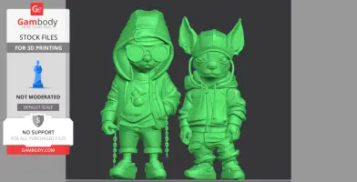 Two cartoonish dog figures in hoodies and hats, styled with urban fashion elements.