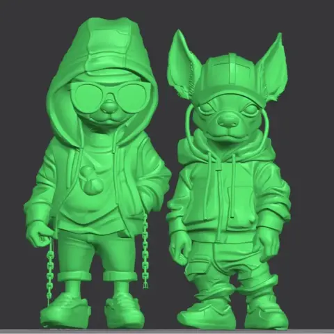 Two stylized dog figures in urban outfits, featuring hoodies, sunglasses, and sneakers.