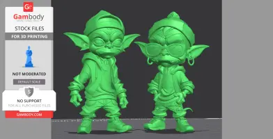 Two cartoon-style goblins in urban attire, wearing hoodies, caps, and glasses.