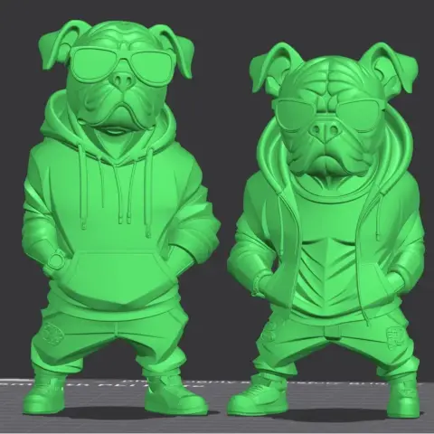 Stylish bulldogs in hoodies and sunglasses, standing confidently with hands in pockets.