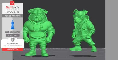 3D models of anthropomorphic bulldogs in urban attire, featuring hoodies, chains, and sneakers.