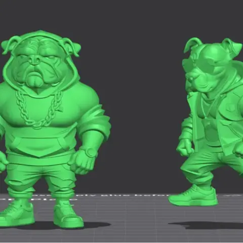 Two stylized dog figures in urban attire, featuring hoodies, chains, and sneakers.