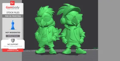 Two stylized bird characters in urban outfits with hoodies, glasses, and sneakers for 3D printing.