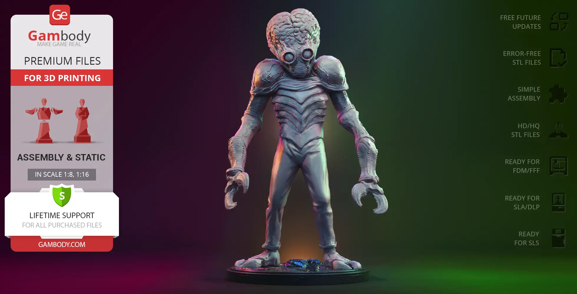 A humanoid alien figure with a large brain-like head, insect-like eyes, and clawed hands, standing on a base.