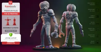 Alien creature with a large brain, goggles, and clawed hands on a display stand for 3D printing.