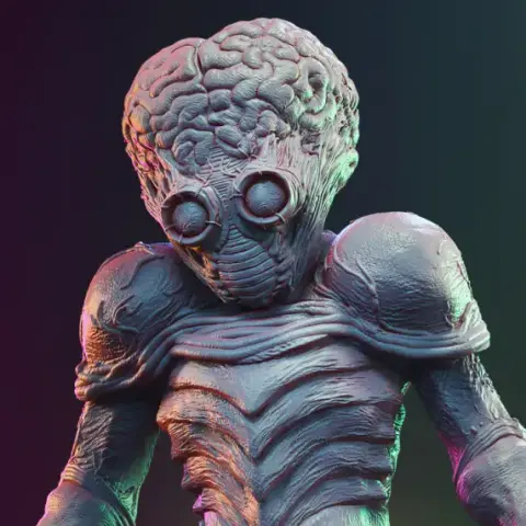 Alien creature with a brain-like head, goggles, and textured armor, in a 3D model format.
