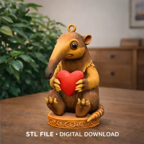 Cute anteater figurine holding a red heart, designed for 3D printing.