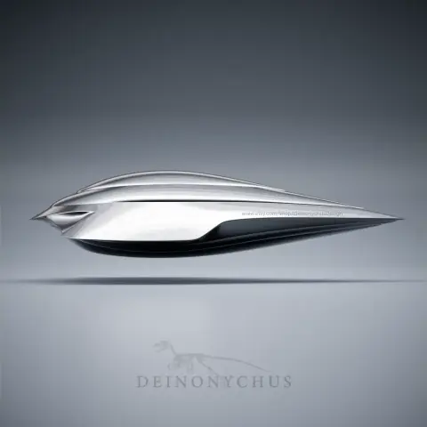 Sleek, silver spaceship with a streamlined, pointed design against a gray background.