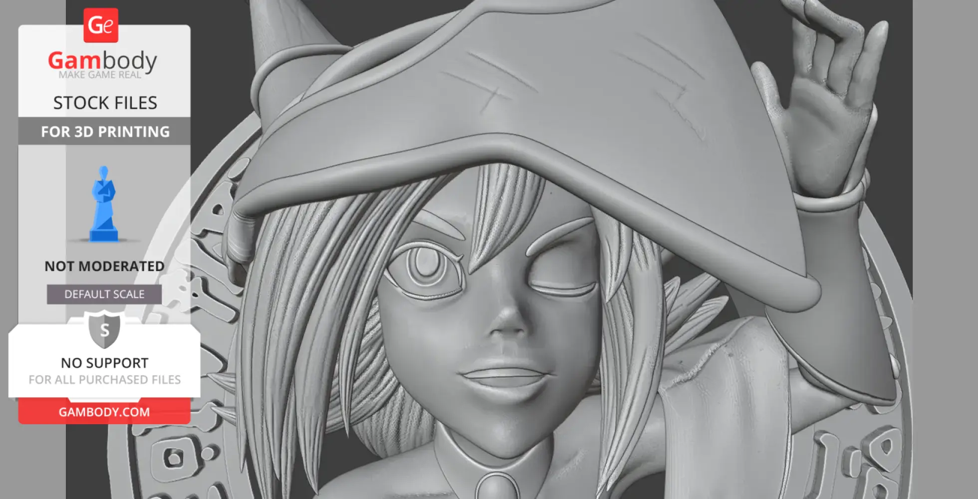 3D model of a fantasy character in a hat winking, with detailed hair and accessories.