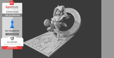A 3D model of a female character on a detailed platform with a magical, rune-engraved arch.