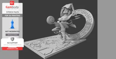 A 3D-printable model of a magician girl sitting with a staff, featuring magical symbols in the background.