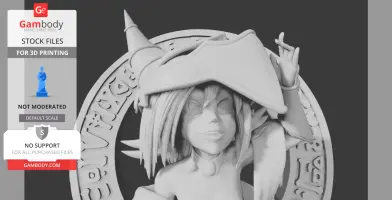 3D model of a young witch with a detailed hat and circular patterned background, designed for printing.