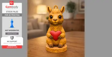 A cute alpaca figurine holding a red heart, designed for 3D printing, with a decorative base.