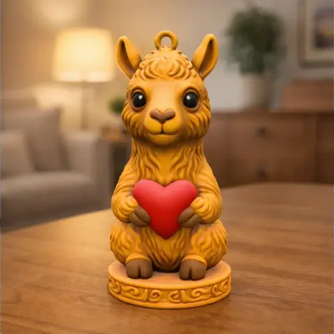 A cute alpaca figurine holding a red heart, sitting on a decorative base in a cozy room setting.