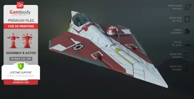 Delta 7 Jedi Starfighter model, red and white design, ready for 3D printing.