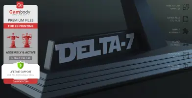 Delta-7 Jedi Starfighter model ad, highlighting 3D printing features and Gambody’s support.