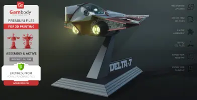 Futuristic starfighter model on a stand, labeled 'Delta-7,' for 3D printing from Gambody.