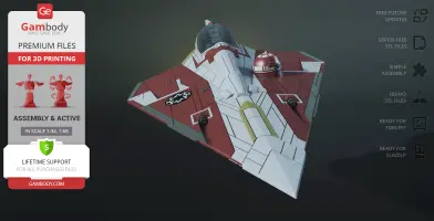 Red and white Delta-7 Jedi Starfighter STL model for 3D printing, displayed with product features.