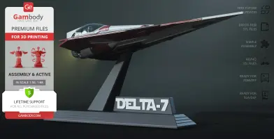 A detailed 3D model of a Delta 7 Jedi Starfighter on a display stand, ready for 3D printing.