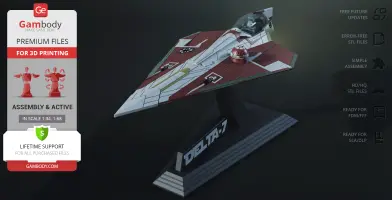 Delta 7 Jedi Starfighter 3D model on a stand, showcasing detailed design for 3D printing.