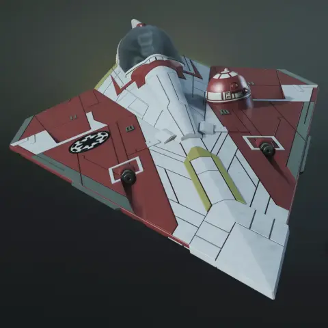 Sleek Delta 7 Jedi Starfighter model in red, white, and gray, featuring detailed geometric patterns.