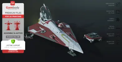 Detailed 3D model of a Delta 7 Jedi Starfighter for 3D printing, shown with assembly info from Gambody.