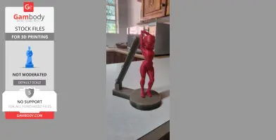 A red, futuristic female figure in armor stands by a vertical structure on a round base.