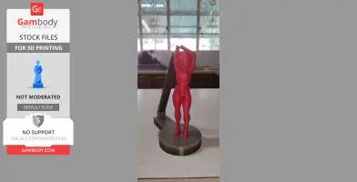 A red, humanoid figure in a dynamic pose with a support stand, designed for 3D printing.
