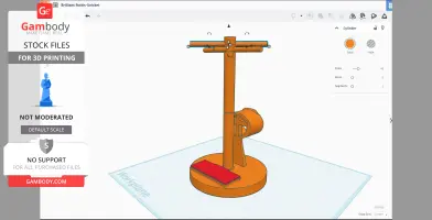 A 3D model of an orange jewelry stand with a tall pole, T-bar, and red slider compartment on a round base.